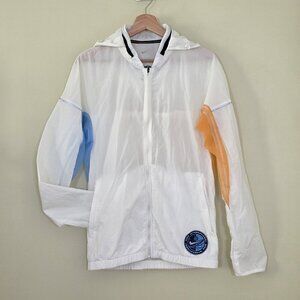Nike Jacket Mens S White Zip Mock Neck Pockets LS Lightweight Running Hood Mesh